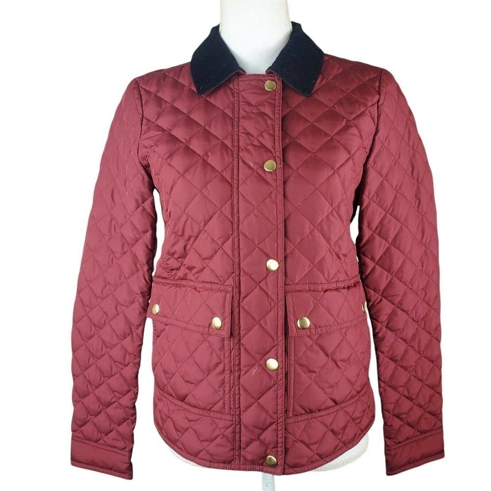 J Crew Quilted Maroon Tack Jacket Size XS Corduroy Collar Gold Buttons